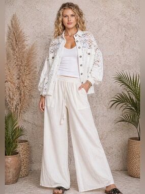 3 Piece Bundle Deal- White Lace Shacket Top, Tank Top, Wide Leg Pants